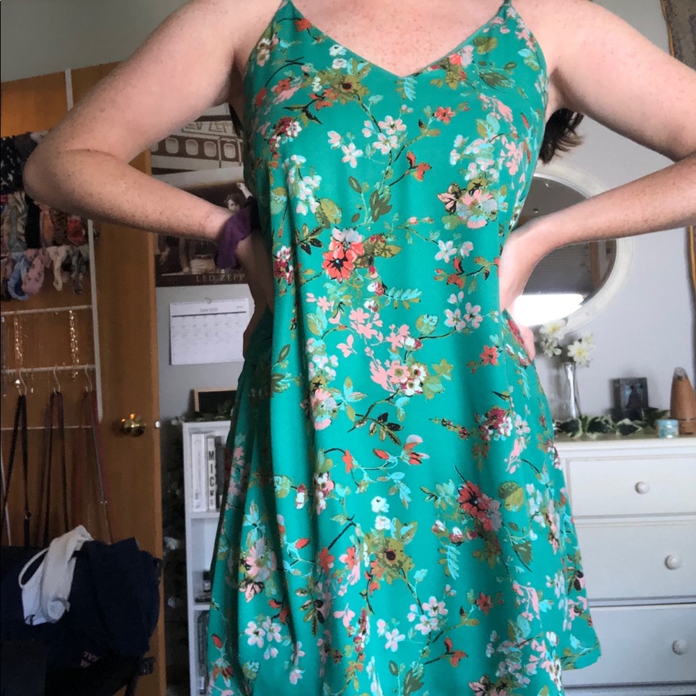 green flowy silky dress floral